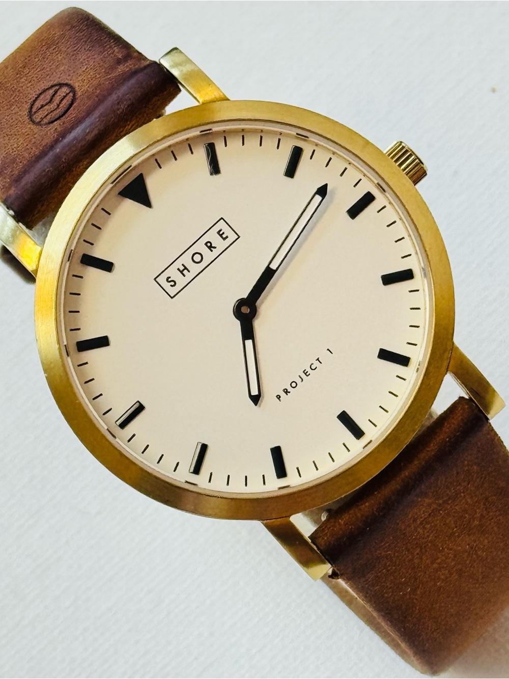 SHORE Projects POOLE Sapphire Crystal 39mm Men's Gold White Watch Brown Leather